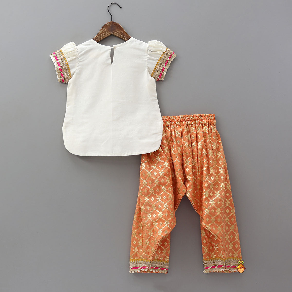 Gota Work Off White Top And Chanderi Embroidered Orange Patiala With Fringes Detailed Dupatta