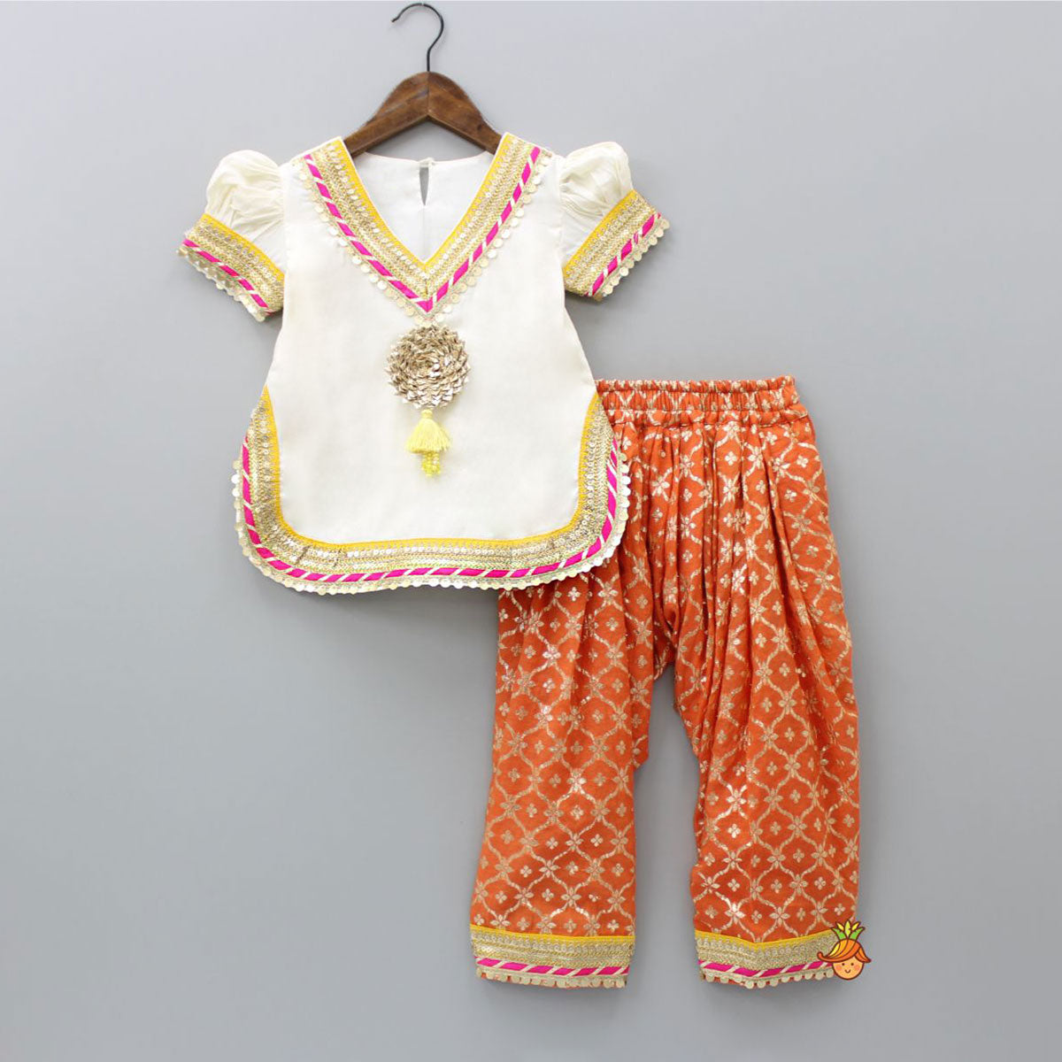 Gota Work Off White Top And Chanderi Embroidered Orange Patiala With Fringes Detailed Dupatta