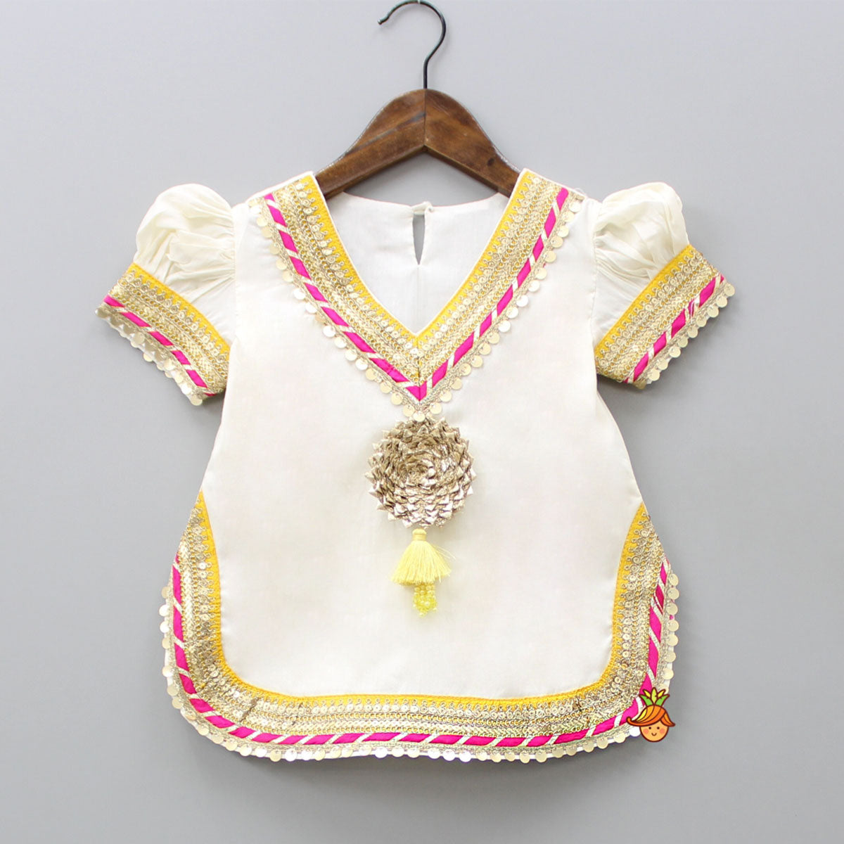 Gota Work Off White Top And Chanderi Embroidered Orange Patiala With Fringes Detailed Dupatta