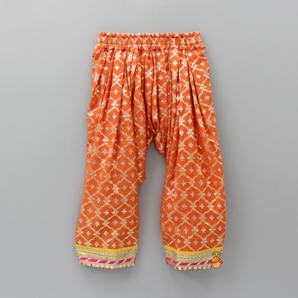 Gota Work Off White Top And Chanderi Embroidered Orange Patiala With Fringes Detailed Dupatta