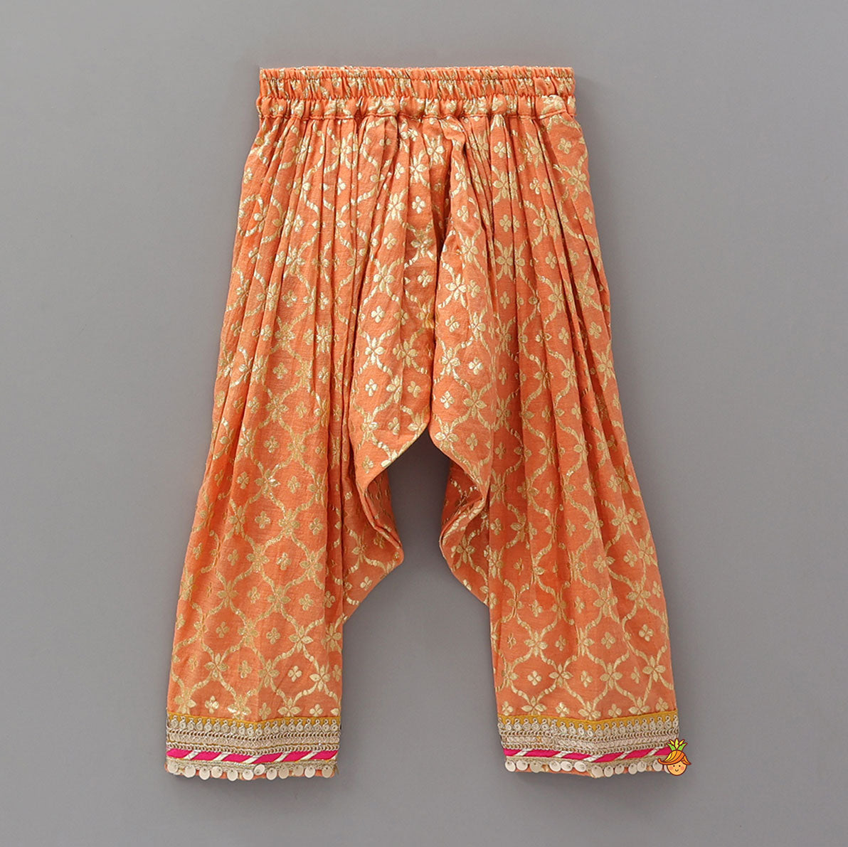 Gota Work Off White Top And Chanderi Embroidered Orange Patiala With Fringes Detailed Dupatta