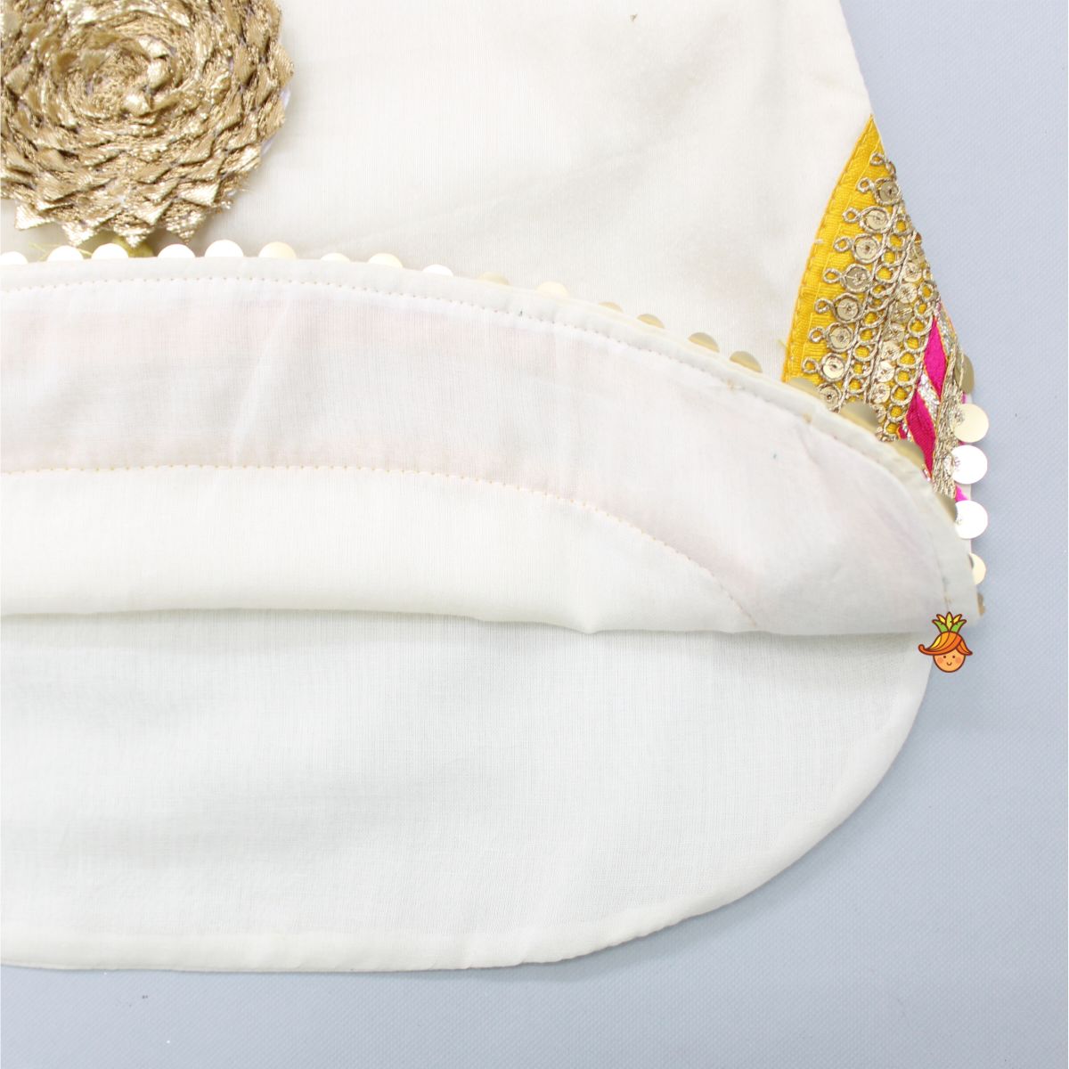 Gota Work Off White Top And Chanderi Embroidered Orange Patiala With Fringes Detailed Dupatta