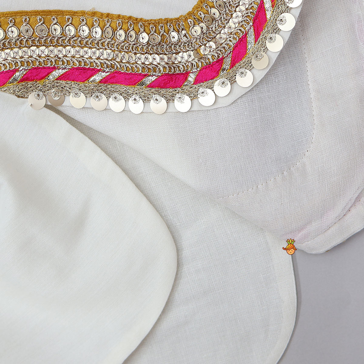 Gota Work Off White Top And Chanderi Embroidered Orange Patiala With Fringes Detailed Dupatta