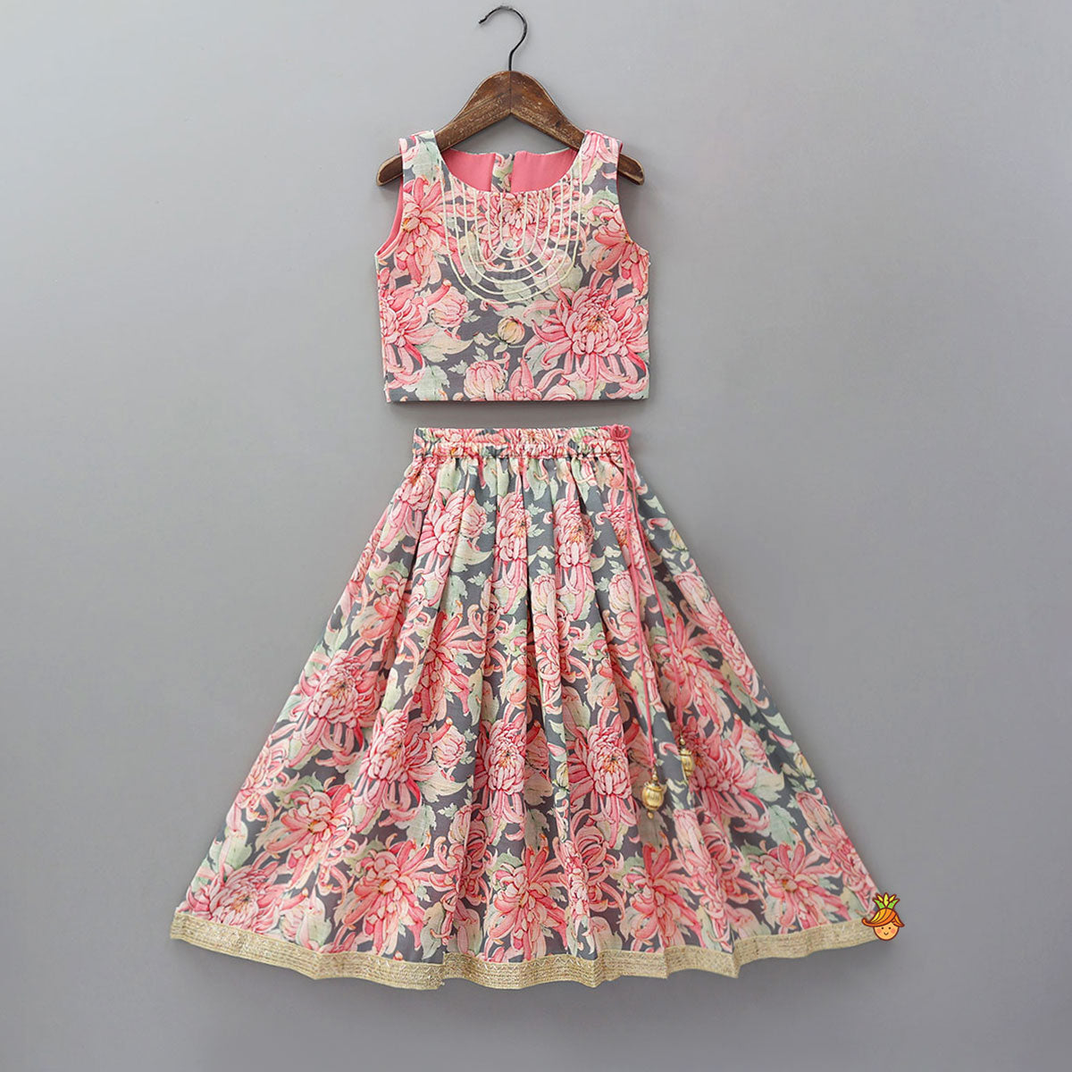 Linen Floral Top With Pleated Lehenga And Matching Net Lace Work Dupatta
