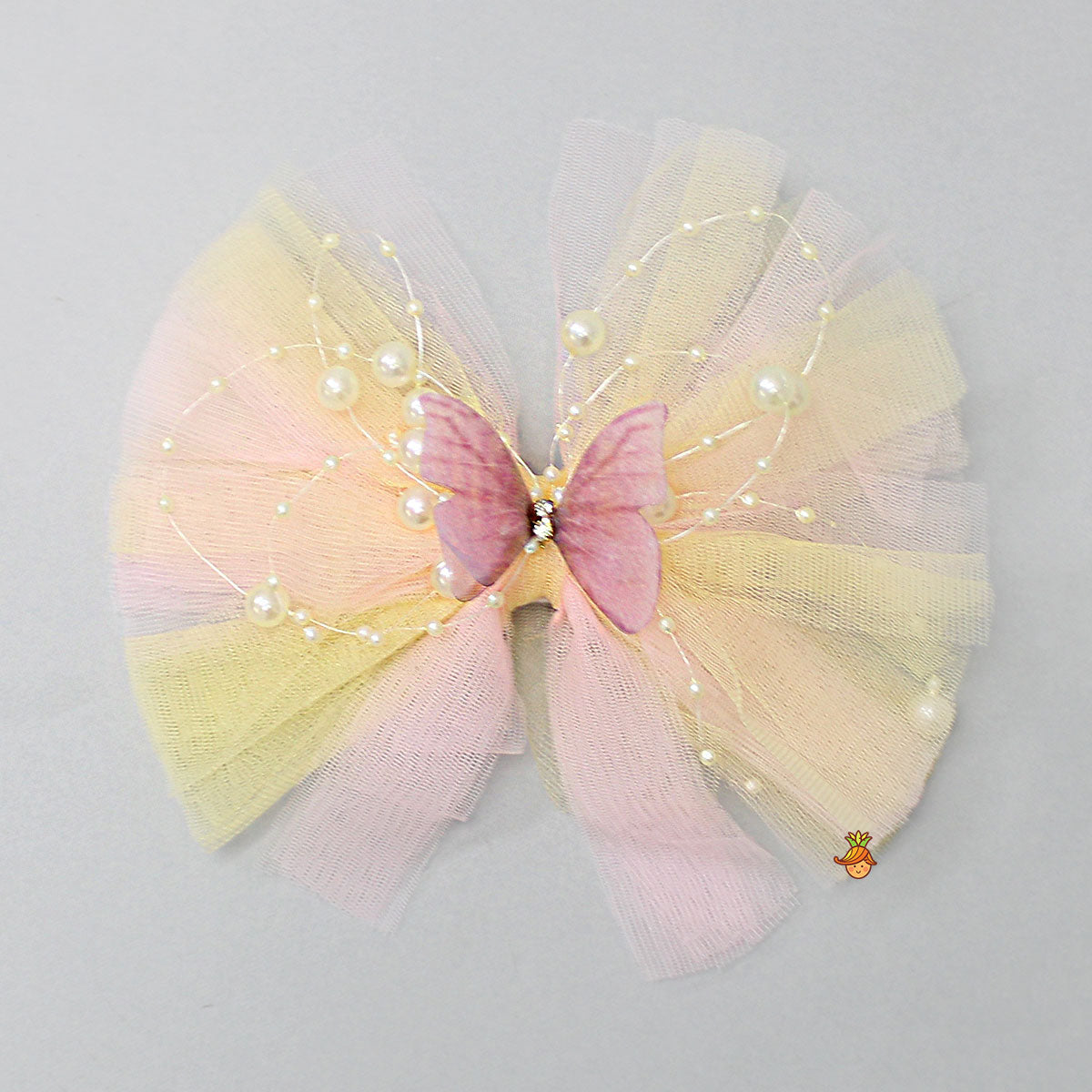 Butterfly Adorned Yellow And Pink Two Tone Frilly Hair Clip