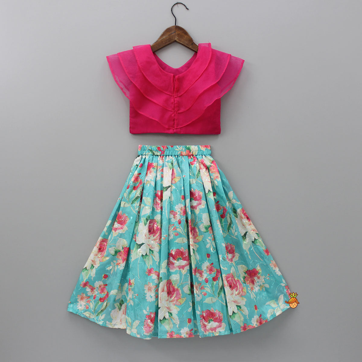 Triple Organza Layered Fuchsia Pink Flap Top And Floral Embroidered Aqua Blue Lehenga