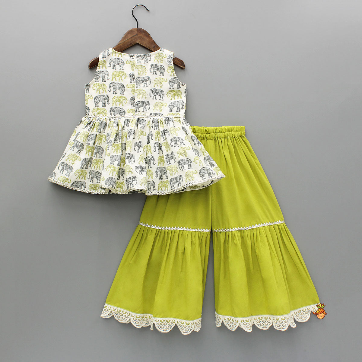 Elephant Hand Block Printed Kurti And Scalloped Lace Work Lime Green Sharara