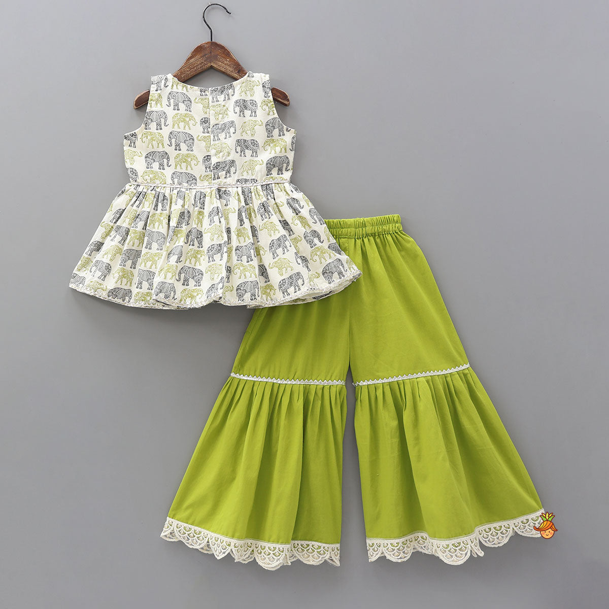 Elephant Hand Block Printed Kurti And Scalloped Lace Work Sharara
