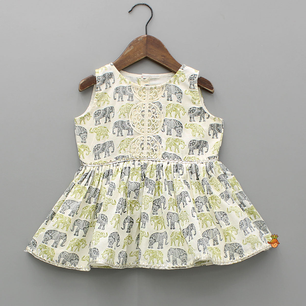 Elephant Hand Block Printed Kurti And Scalloped Lace Work Lime Green Sharara
