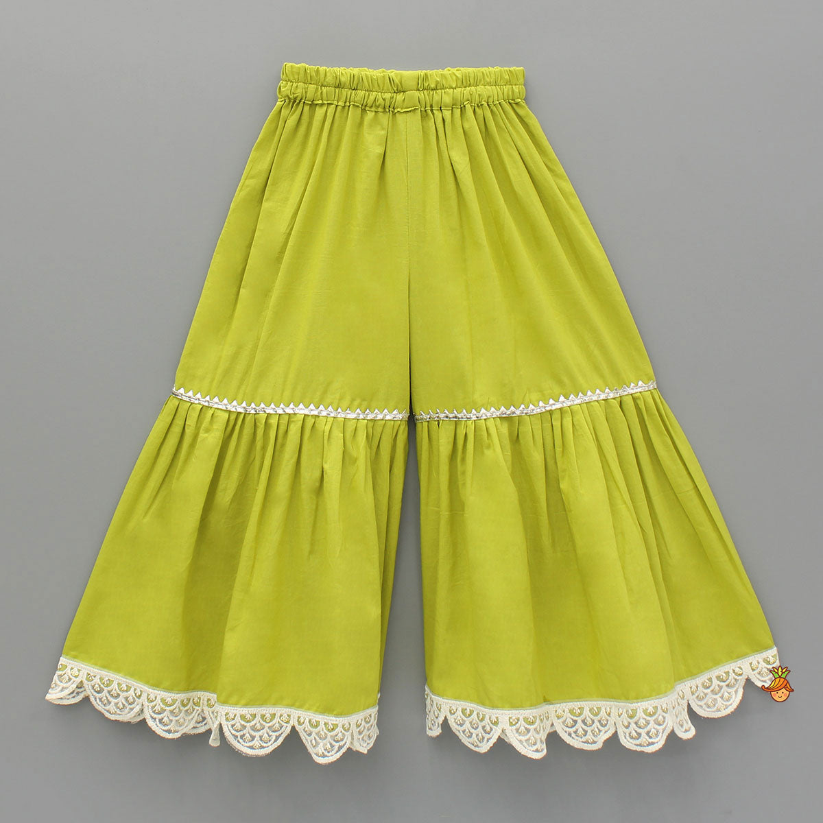 Elephant Hand Block Printed Kurti And Scalloped Lace Work Lime Green Sharara