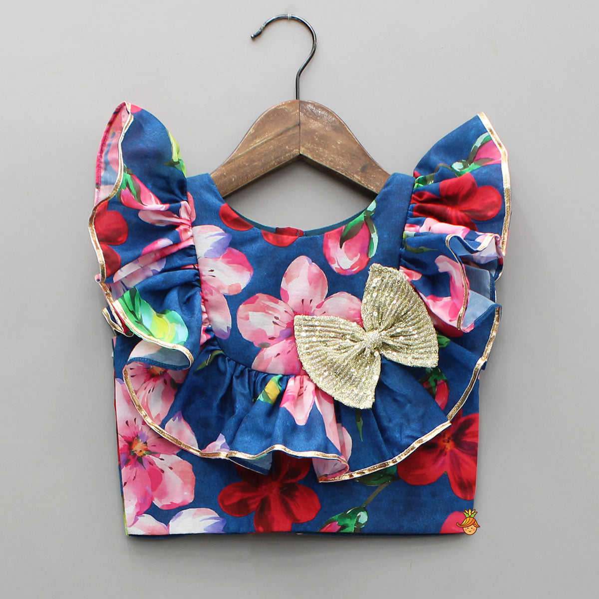 Adorable Bow Enhanced Floral Printed Navy Blue Top And Lehenga
