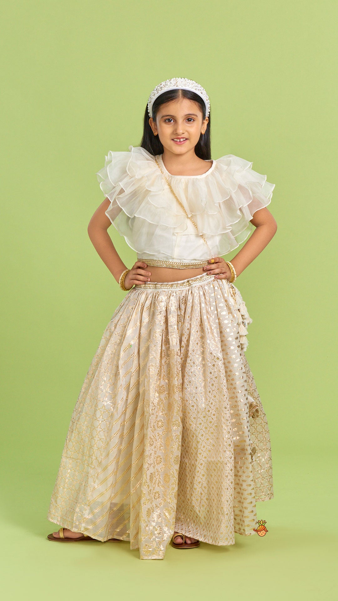 Organza Off White Frilly Top And Chanderi Embroidered Lehenga