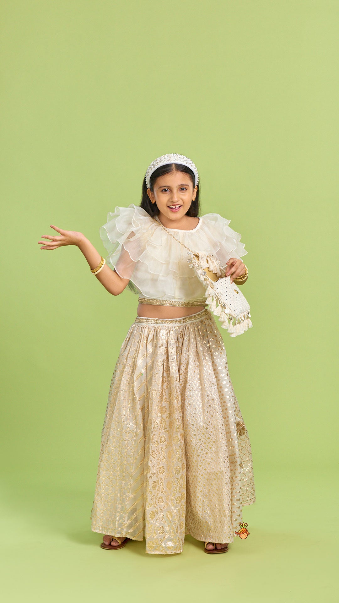 Organza Off White Frilly Top And Chanderi Embroidered Lehenga