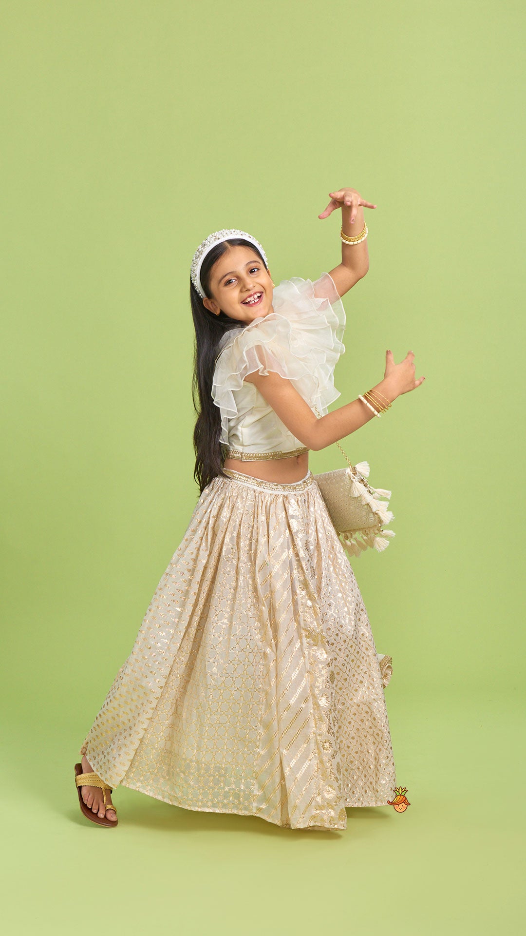 Organza Off White Frilly Top And Chanderi Embroidered Lehenga