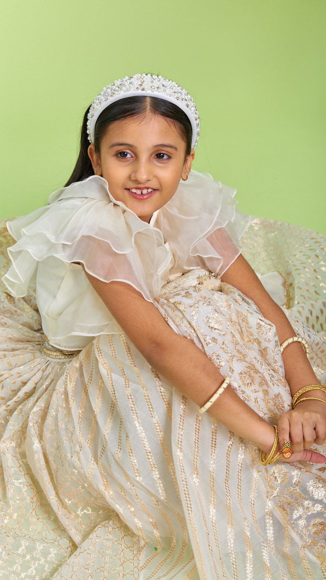 Organza Off White Frilly Top And Chanderi Embroidered Lehenga