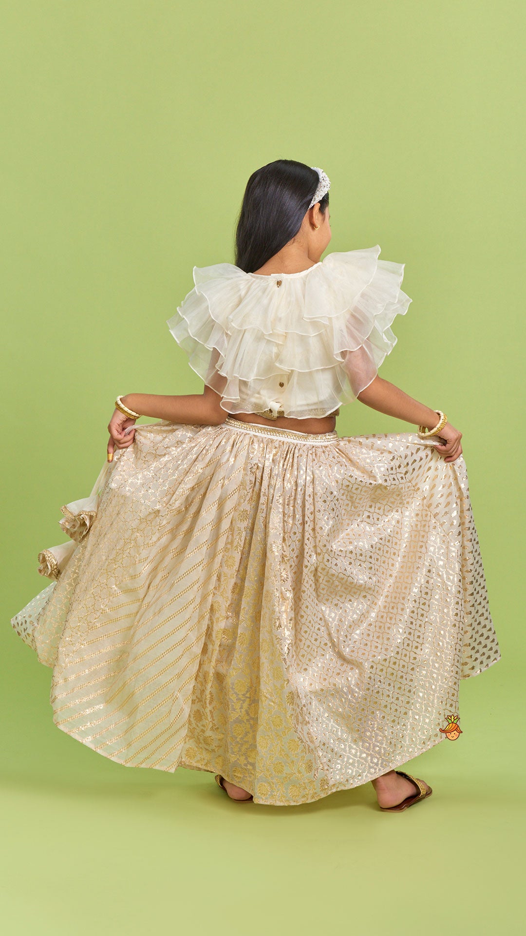 Organza Off White Frilly Top And Chanderi Embroidered Lehenga