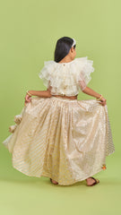 Pre Order: Organza Off White Frilly Top And Chanderi Embroidered Lehenga