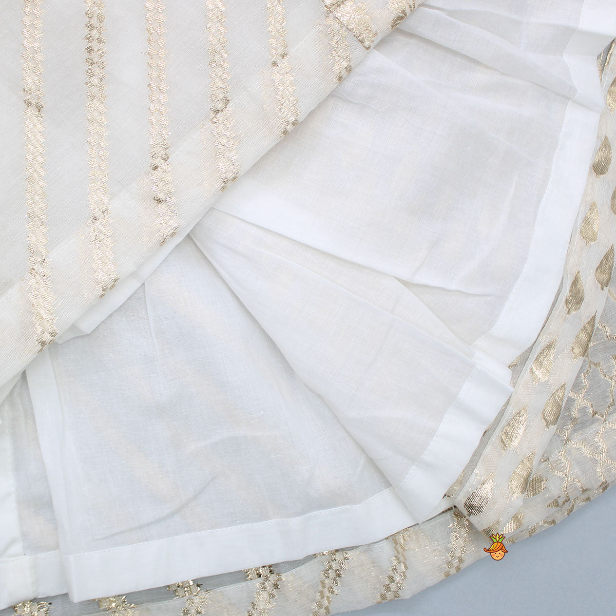 Organza Off White Frilly Top And Chanderi Embroidered Lehenga