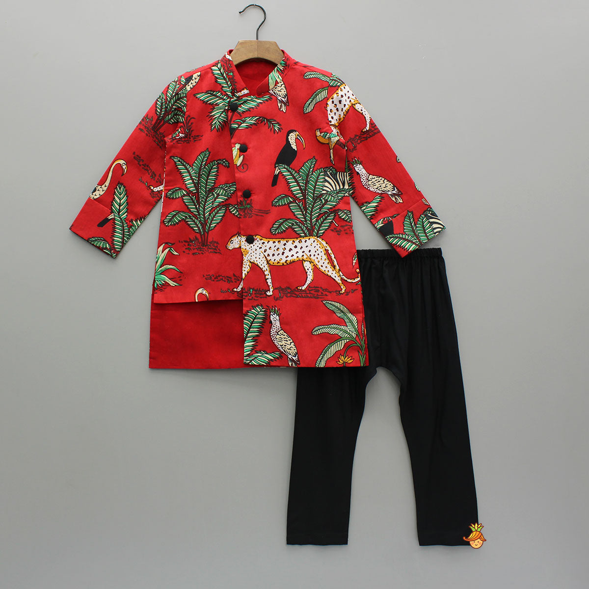 Crimson Red Jungle Theme Printed Asymmetric Kurta And Black Pyjama