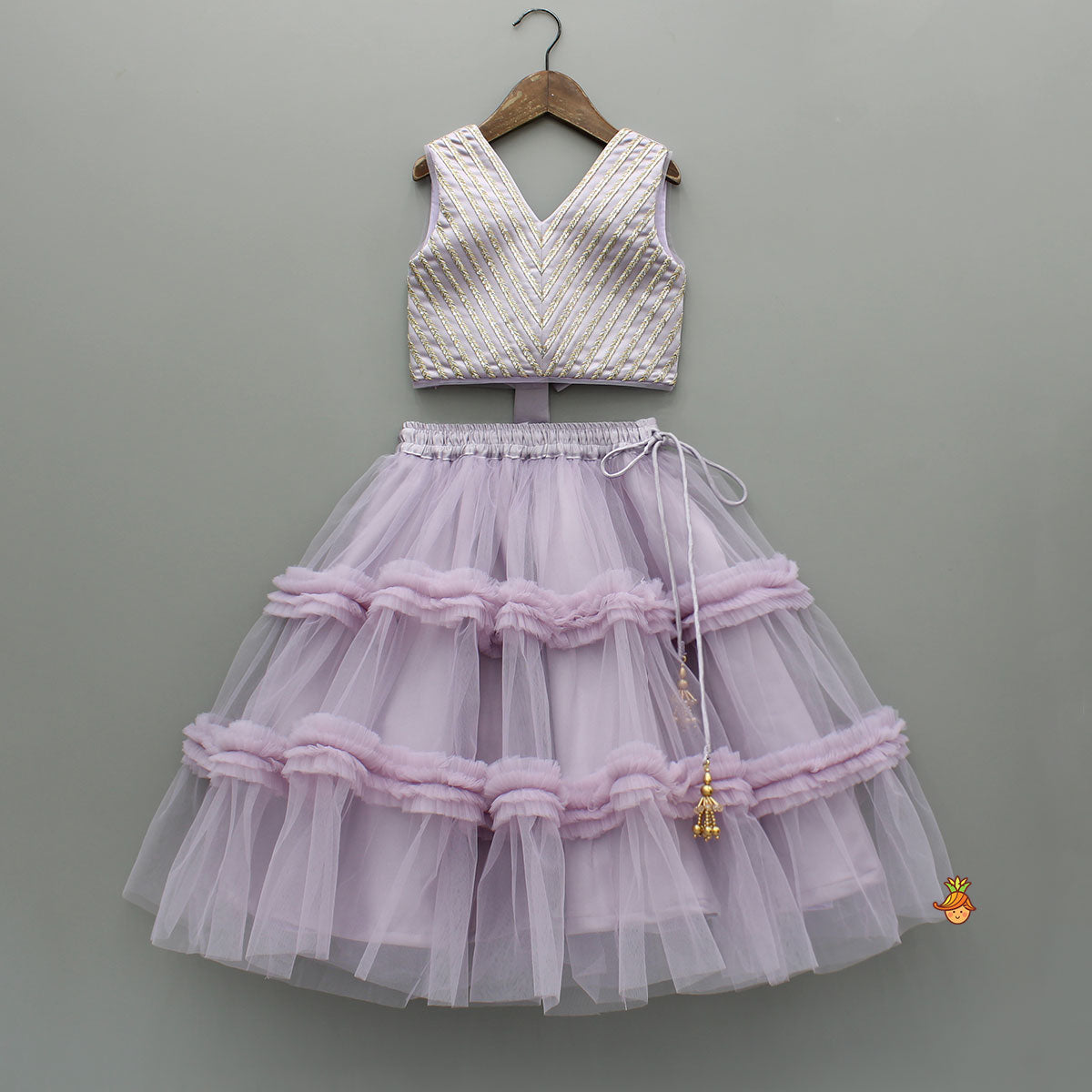 V Neck Sleeveless Lavender Top And Ruffle Frilly Lehenga