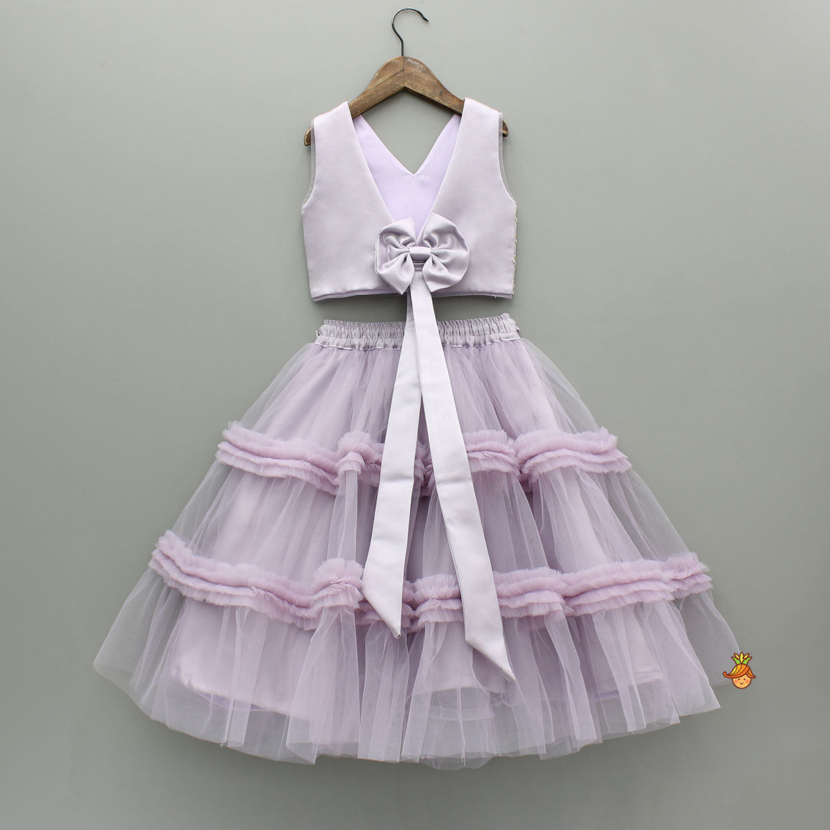 V Neck Sleeveless Lavender Top And Ruffle Frilly Lehenga