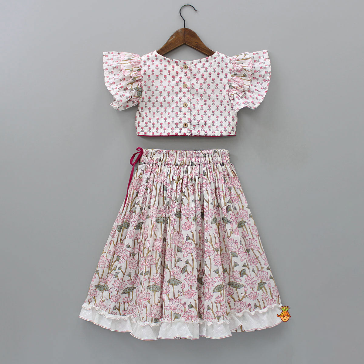 Hand Block Floral Printed Pink Frilly Sleeves Top And Lehenga