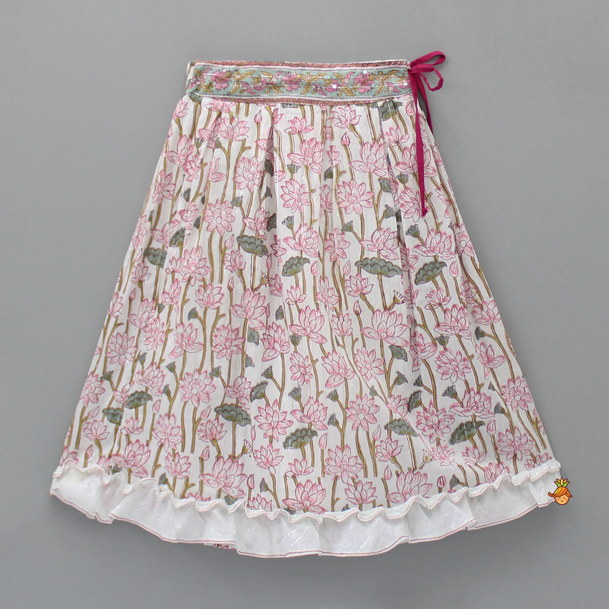 Hand Block Floral Printed Pink Frilly Sleeves Top And Lehenga