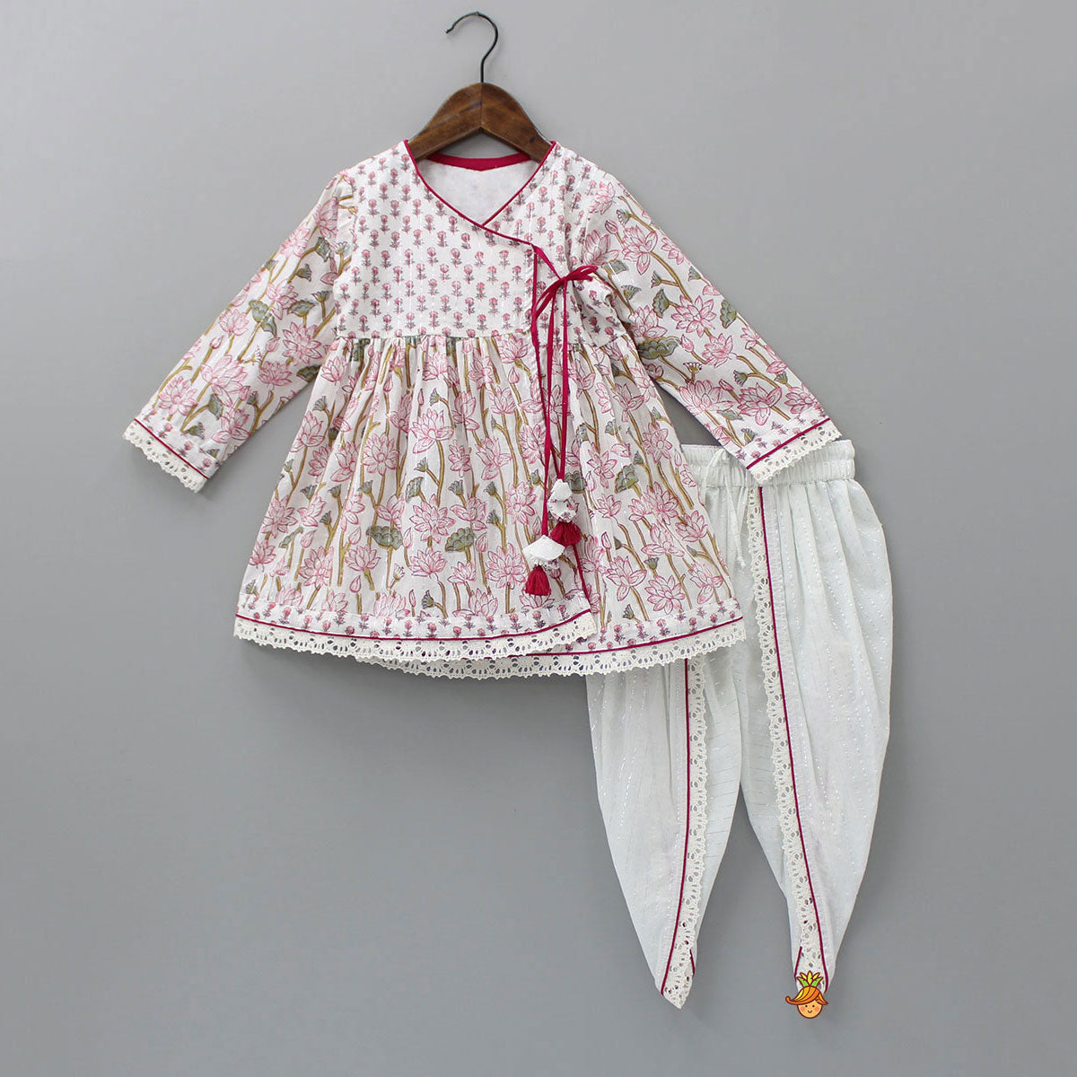 Lurex Striped Pink Hand Block Floral Printed Angarkha Kurti And Dhoti