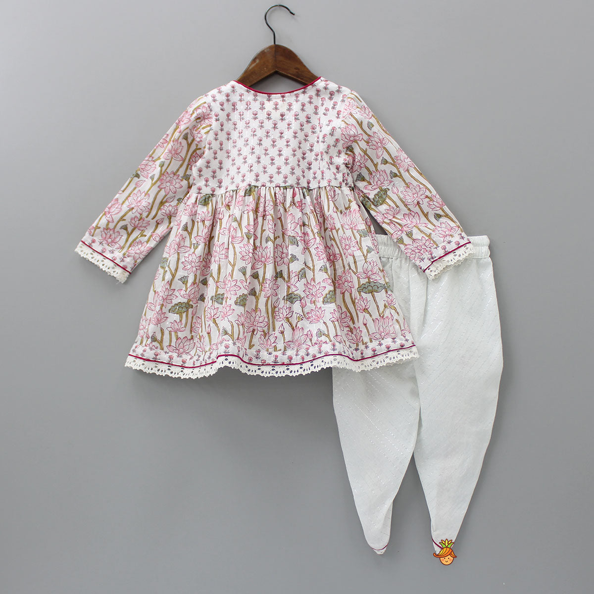 Lurex Striped Pink Hand Block Floral Printed Angarkha Kurti And Dhoti