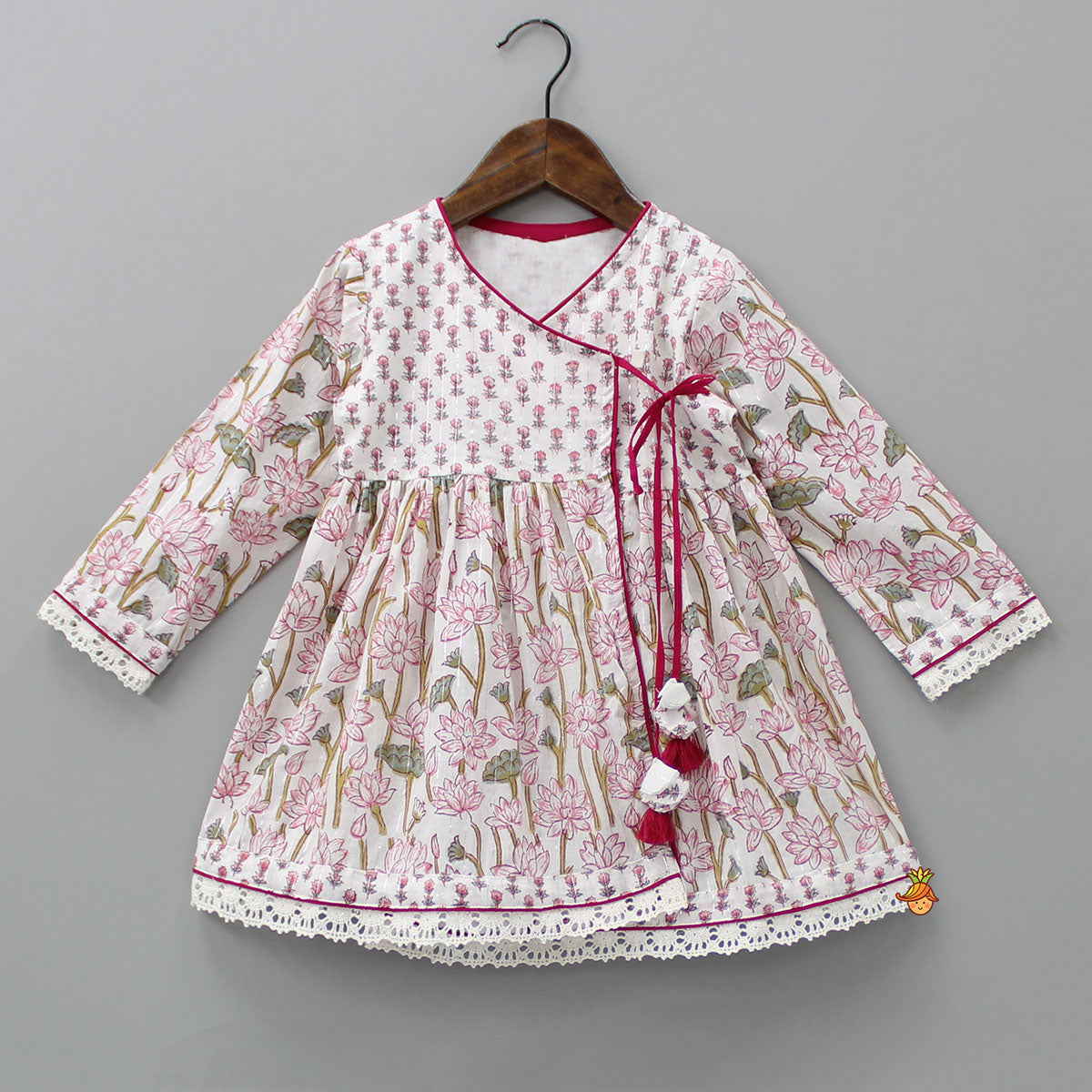 Lurex Striped Pink Hand Block Floral Printed Angarkha Kurti And Dhoti