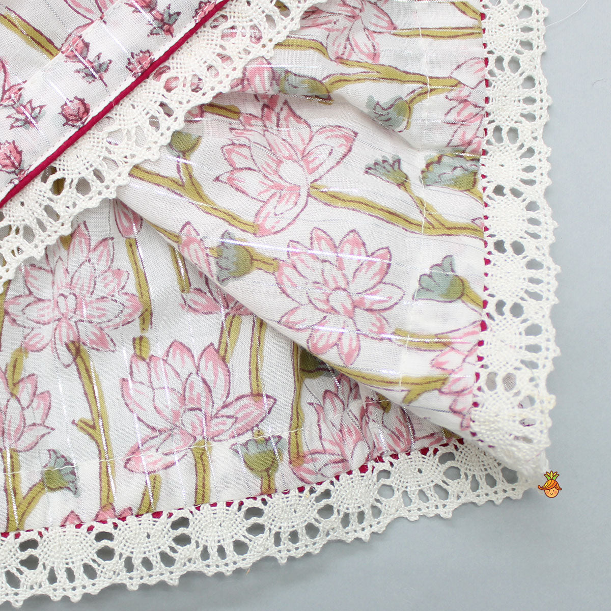 Lurex Striped Pink Hand Block Floral Printed Angarkha Kurti And Dhoti