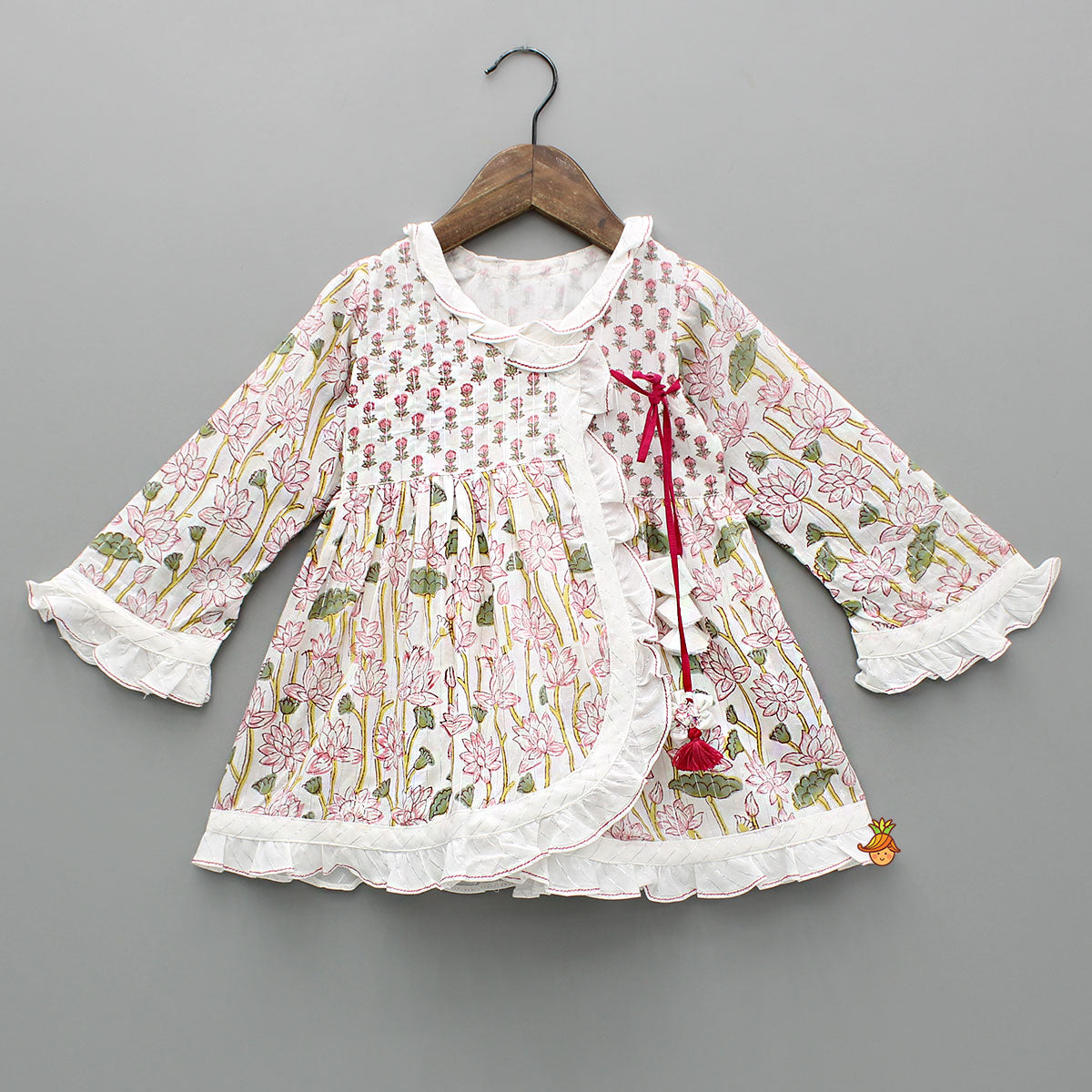 Hand Block Floral Printed Tie Up Pink Angarkha Dress