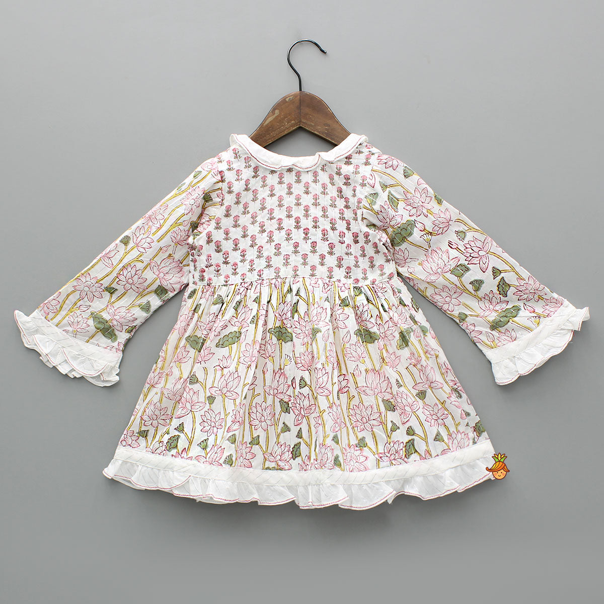 Hand Block Floral Printed Tie Up Pink Angarkha Dress