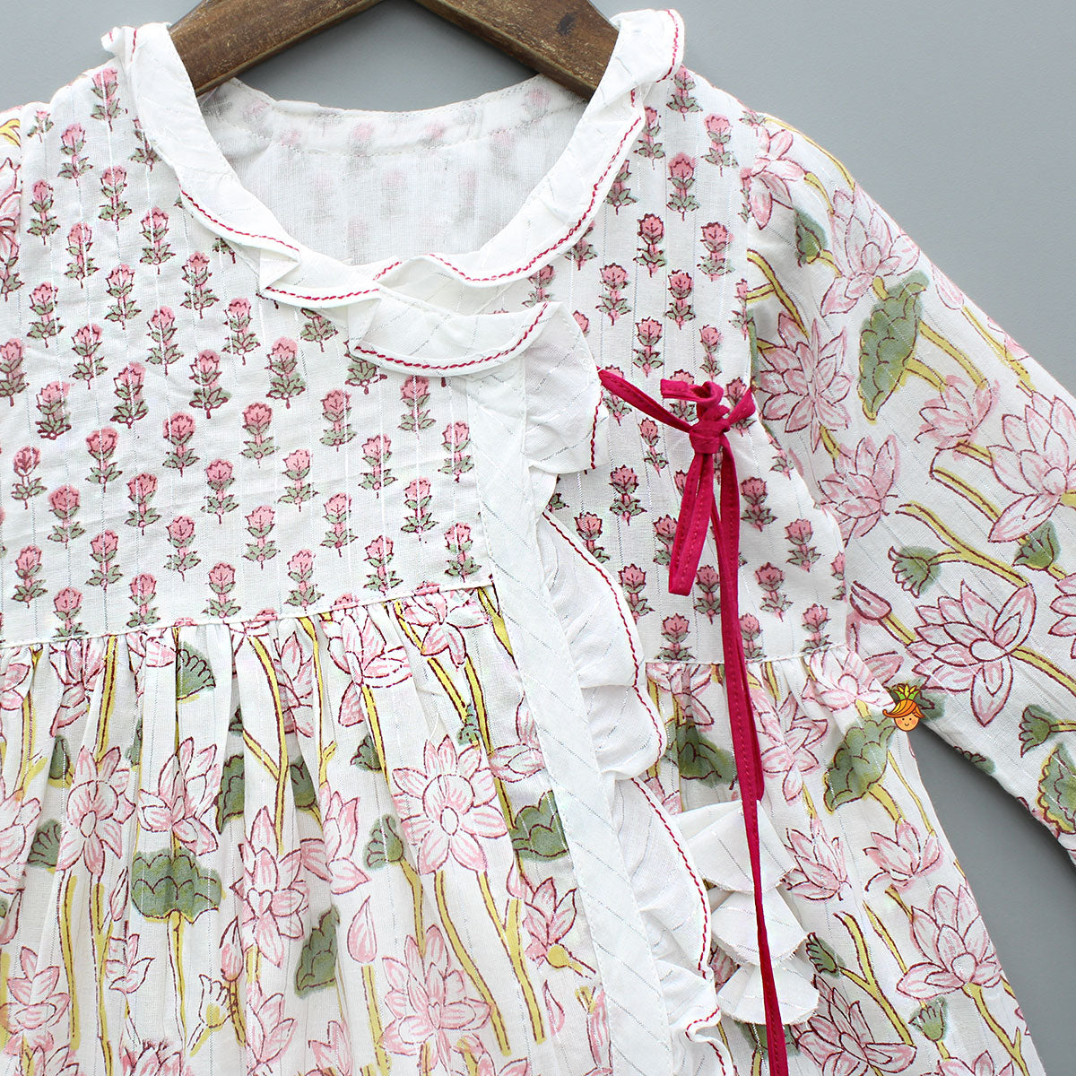 Hand Block Floral Printed Tie Up Pink Angarkha Dress