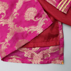 Pre Order: Potli Buttons Detail Brocade Rani Pink Kurti And Velvet Black Sharara With Net Dupatta