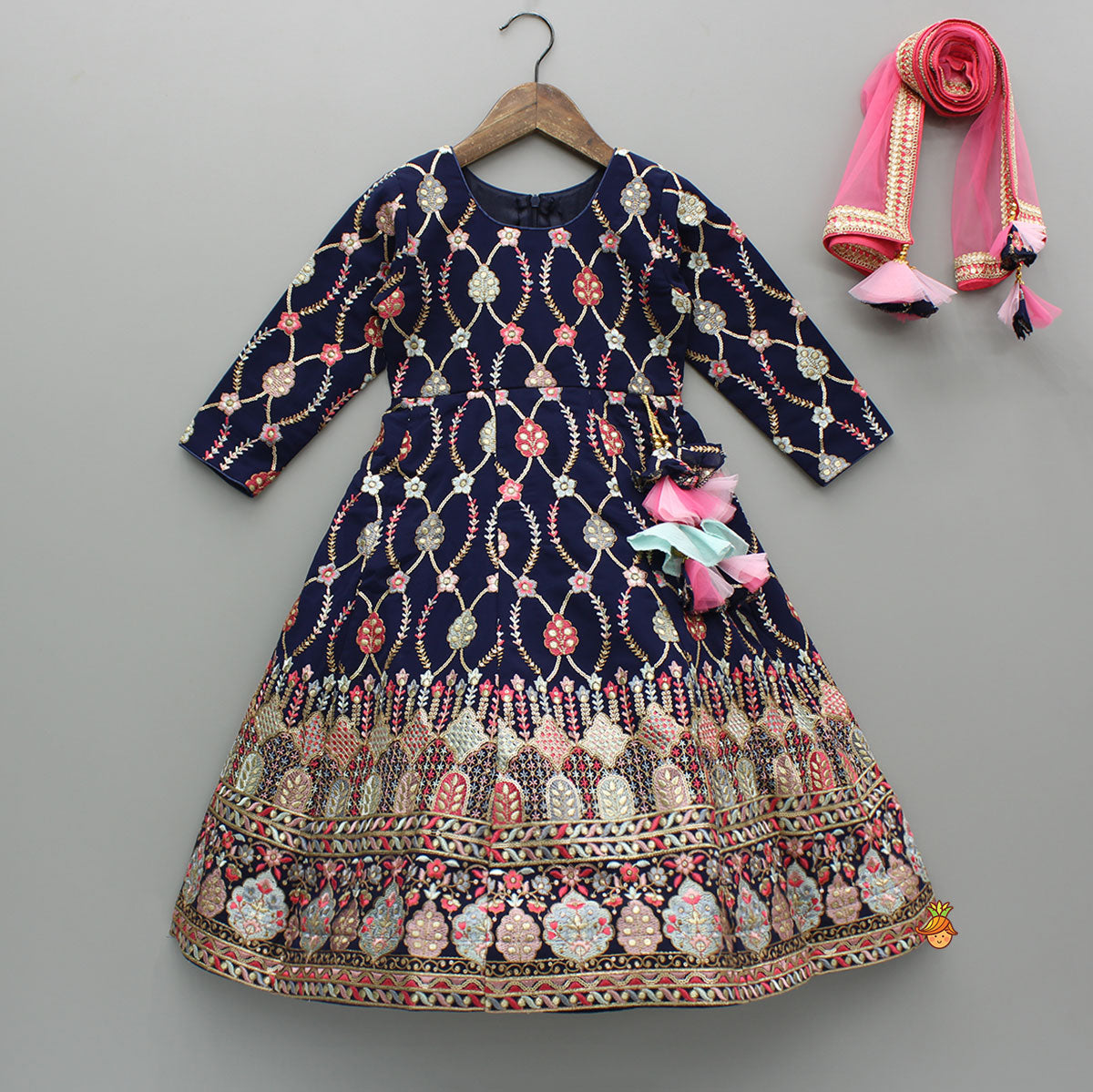Glorious Navy Blue Thread And Sequins Embroidered Anarkali With Gota Lace Detail Dupatta