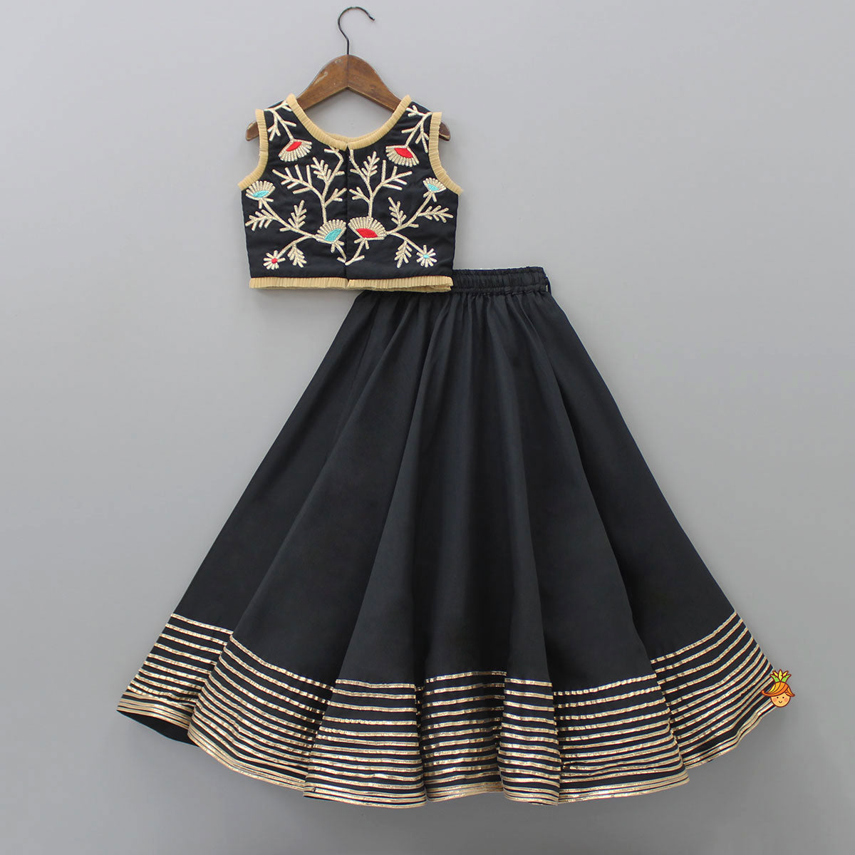 Elegant Pleated Black Top And Gota Lace Work Flared Lehenga With Beige Dupatta