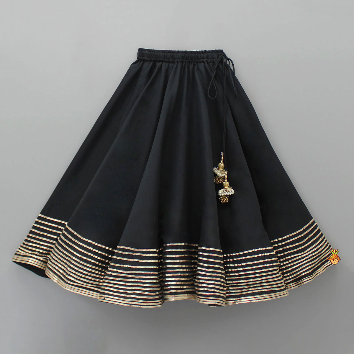 Elegant Pleated Black Top And Gota Lace Work Flared Lehenga With Beige Dupatta