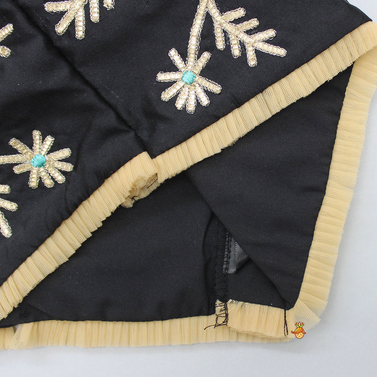 Elegant Pleated Black Top And Gota Lace Work Flared Lehenga With Beige Dupatta