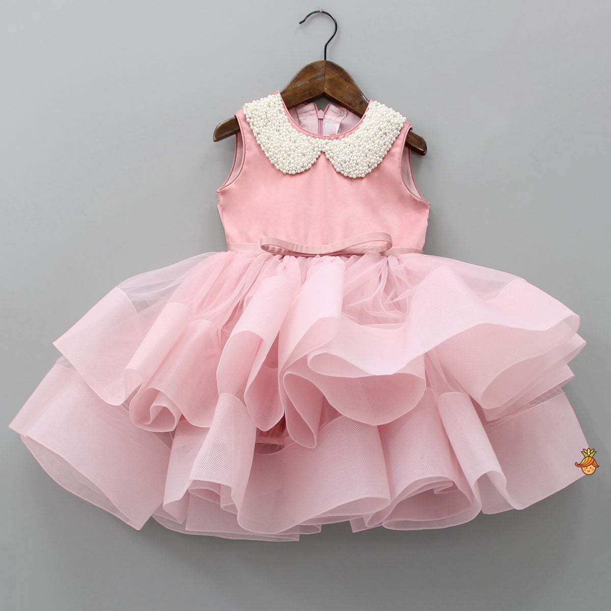 Elegant Pearls Embellished Onion Pink Ruffle Dress With Floral Hair Clip
