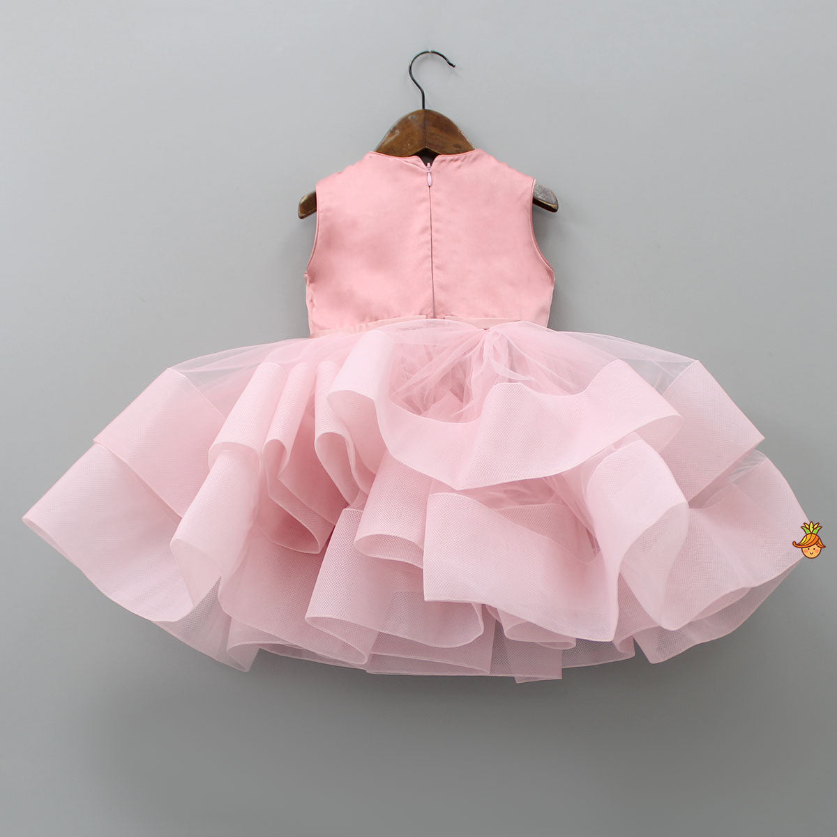Elegant Pearls Embellished Onion Pink Ruffle Dress With Floral Hair Clip