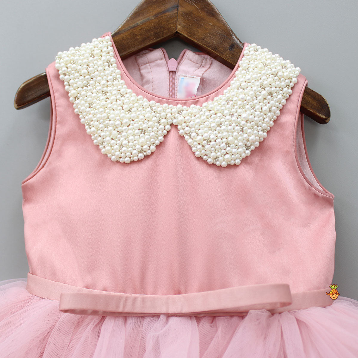 Elegant Pearls Embellished Onion Pink Ruffle Dress With Floral Hair Clip