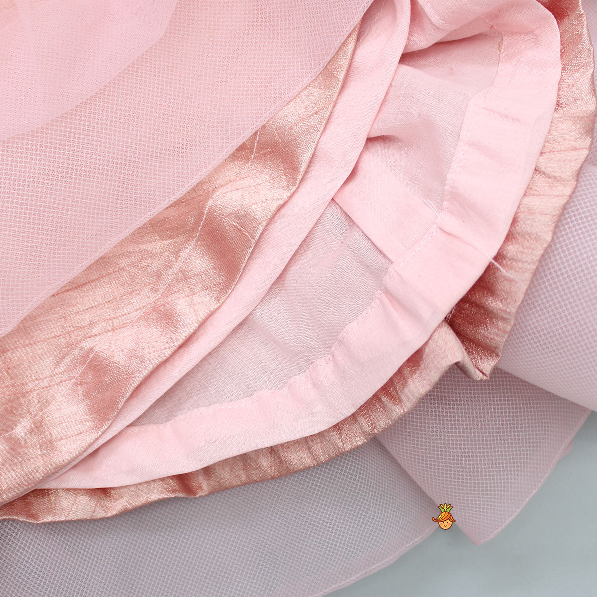 Elegant Pearls Embellished Onion Pink Ruffle Dress With Floral Hair Clip