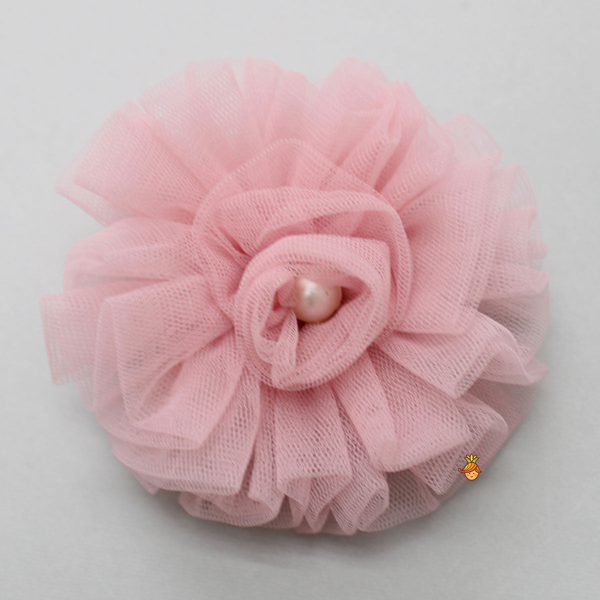 Elegant Pearls Embellished Onion Pink Ruffle Dress With Floral Hair Clip