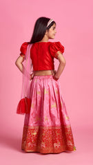 Pre Order: Reindeer Brocade Embroidered Red Top And Dual Tone Lehenga With Ruffle Dupatta