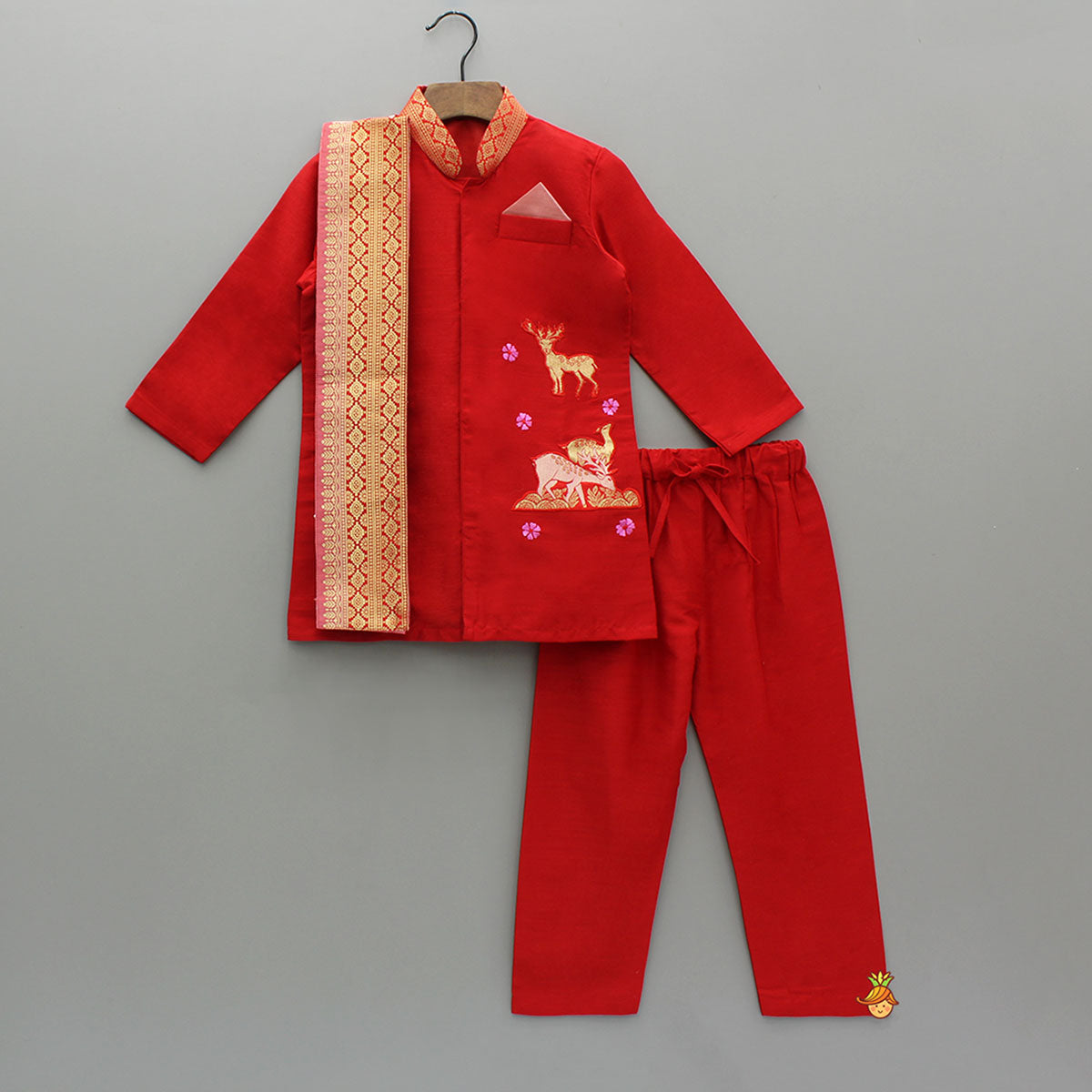 Reindeer Embroidered Red Kurta And Pyjama With Shawl