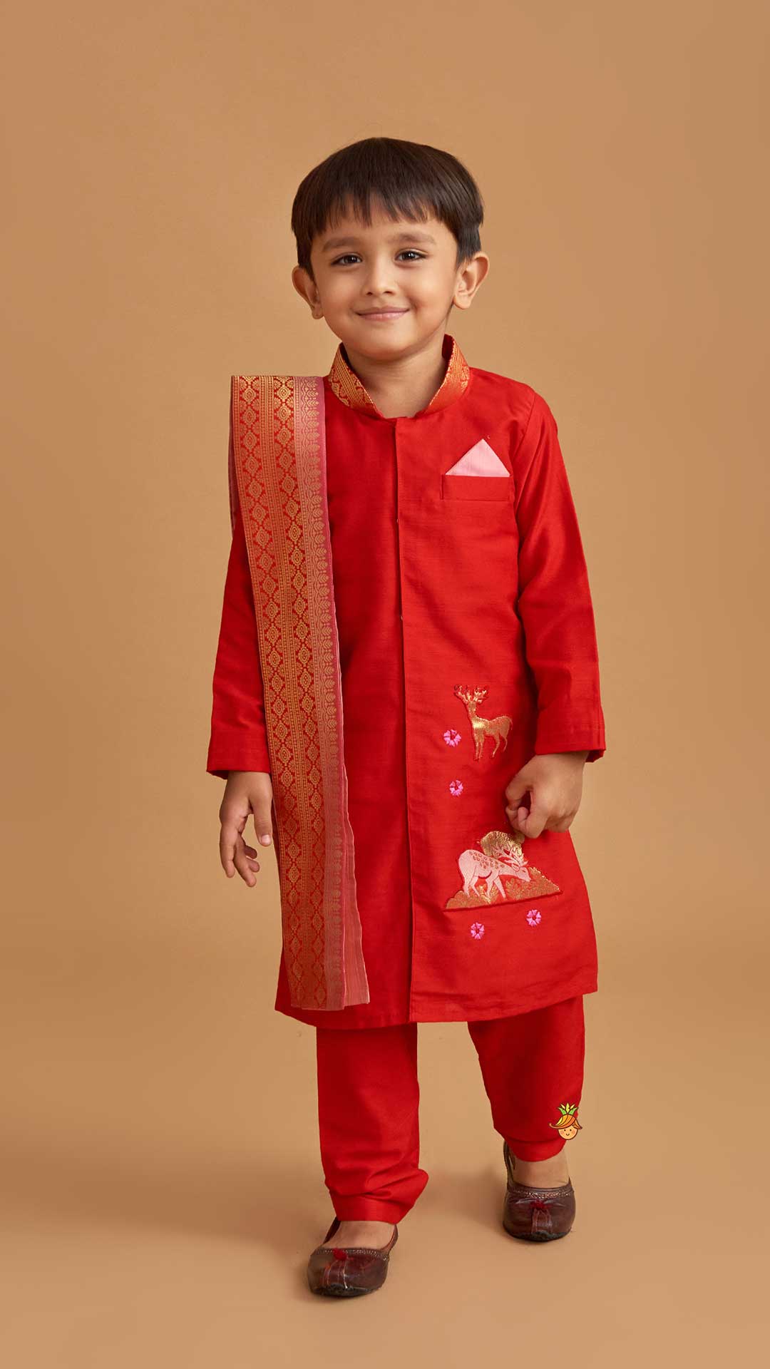 Reindeer Embroidered Red Kurta And Pyjama With Shawl