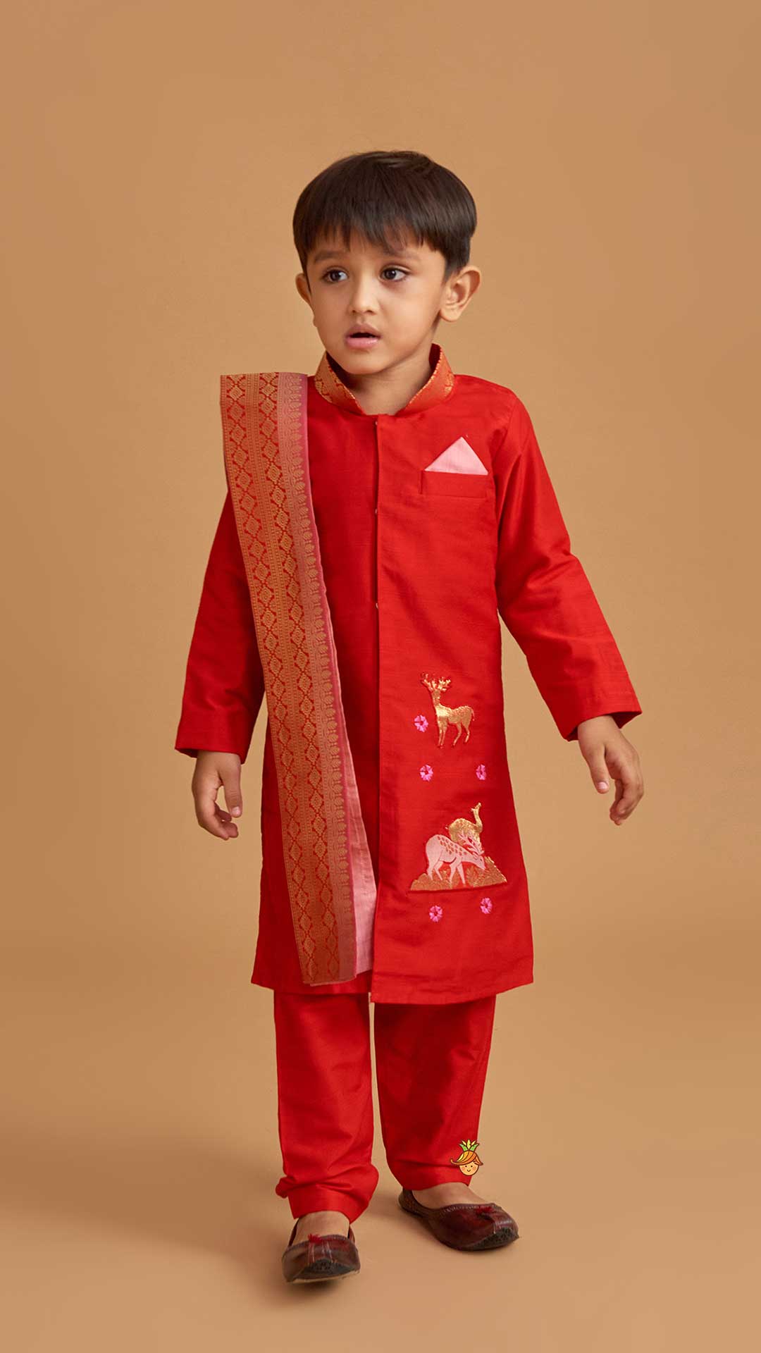 Reindeer Embroidered Red Kurta And Pyjama With Shawl