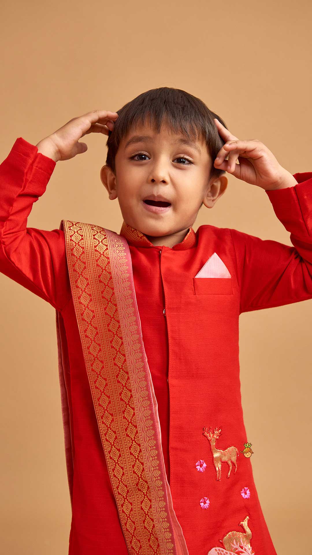 Reindeer Embroidered Red Kurta And Pyjama With Shawl