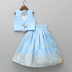 Pre Order: Powder Blue Embroidered Sleeveless Top And Lehenga With Gota Lace Detail Net Dupatta And Potli Bag